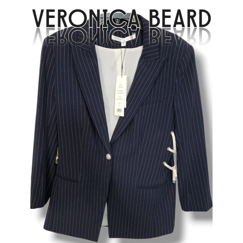 Veronica Beard Taylor Lace Up Corset Side Blazer Navy White Stripe Size 12 NWT